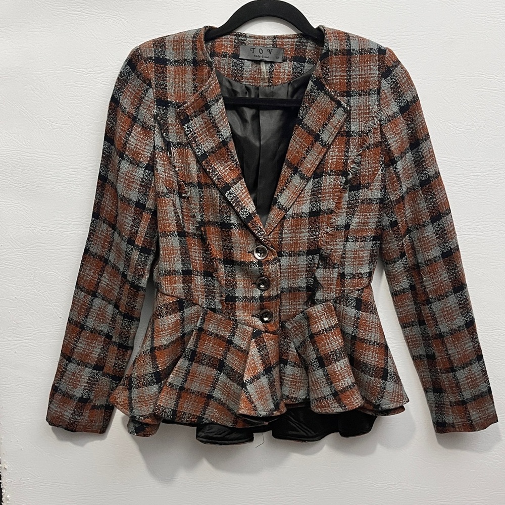 TOV Holy G Plaid Peplum Blazer Jacket Black, Brown, Gray Designer Sz 42 or 12